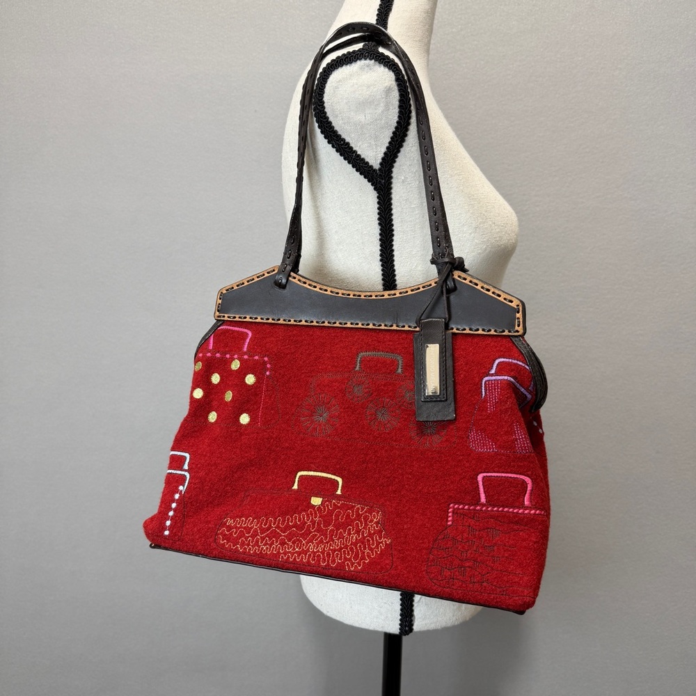 Antonio Melani Red Wool Embroidered Handbag Leather Trim Hinged Designer Purse